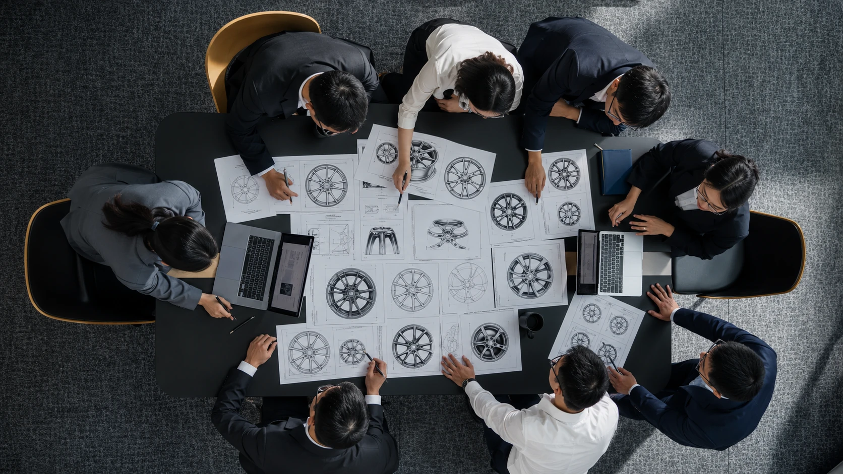 LSW forged wheel design and engineering team conduct collaborative review around wheel drawings