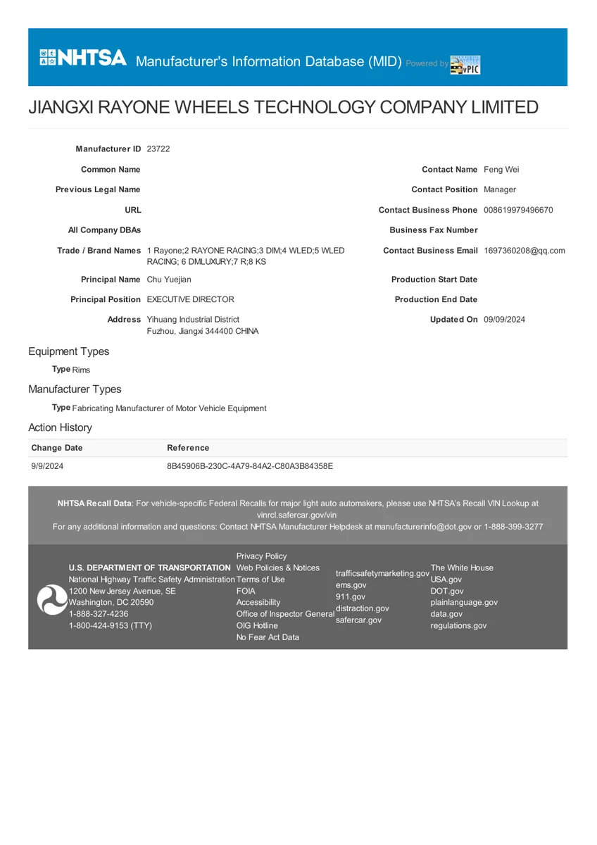 Jiangxi Ruiyun Cheng Technology Co., Ltd. NHTSA manufacturer information database registration document cover