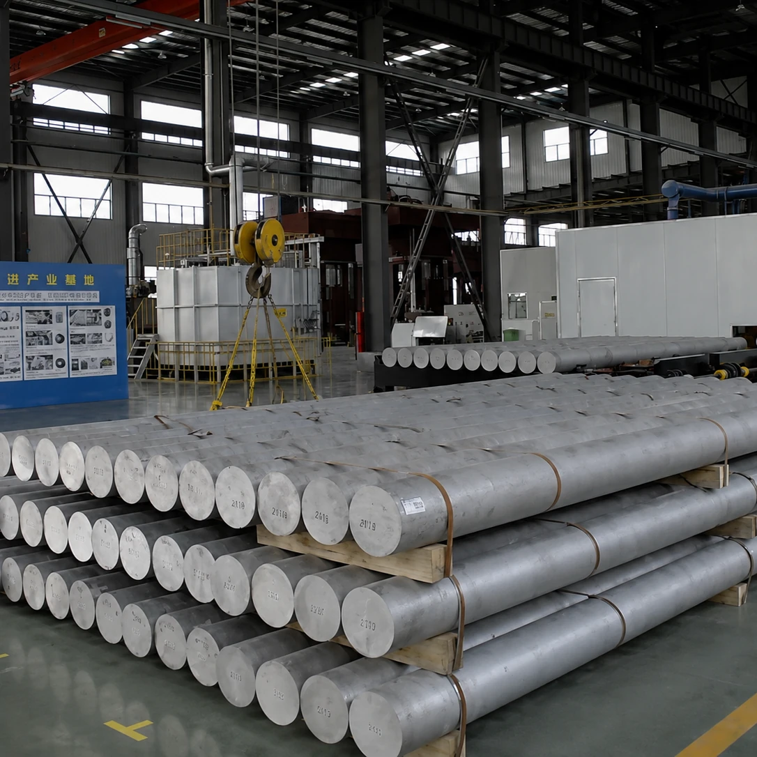 6061-T6 aluminum alloy round bar raw materials neatly stacked in the LSW forged wheel factory