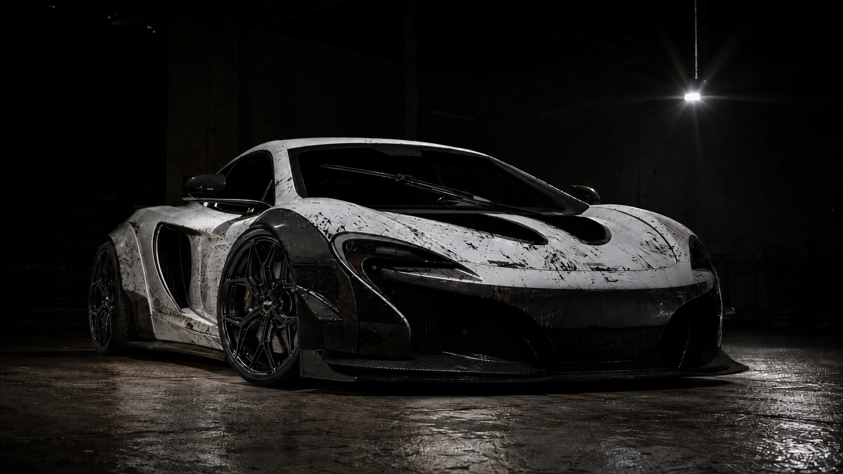 White high-performance sports car equipped with LSW forged wheels in a dark garage
