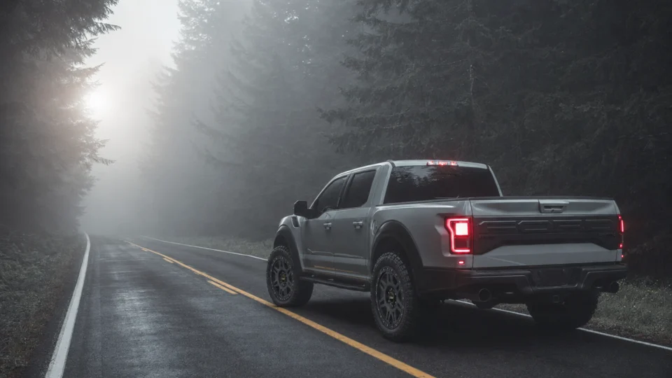 Ford F-150 Raptor with black LSW forged wheels on a misty forest road