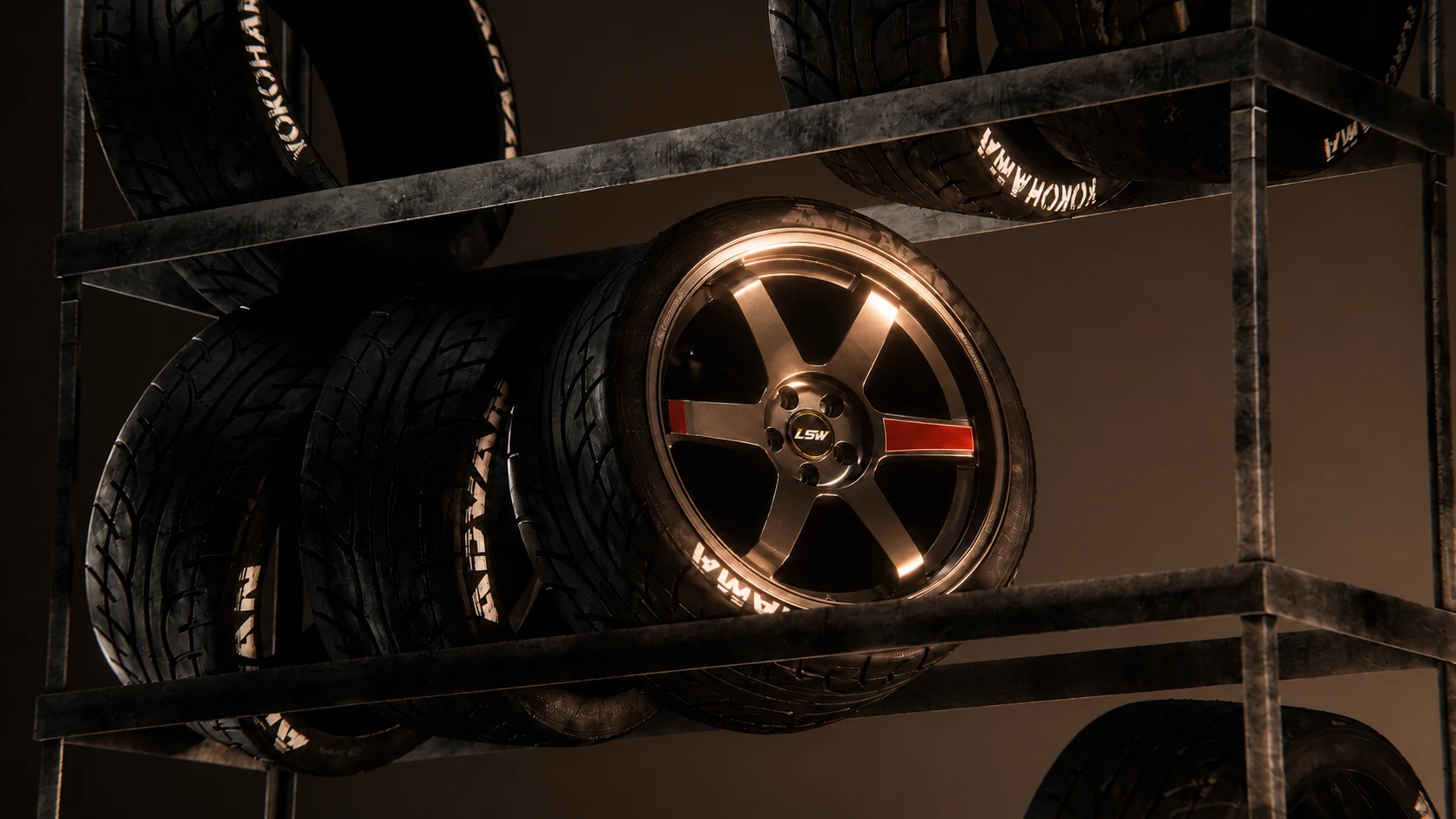 Bronze LSW six-spoke forged wheels with red accents displayed with performance tyres