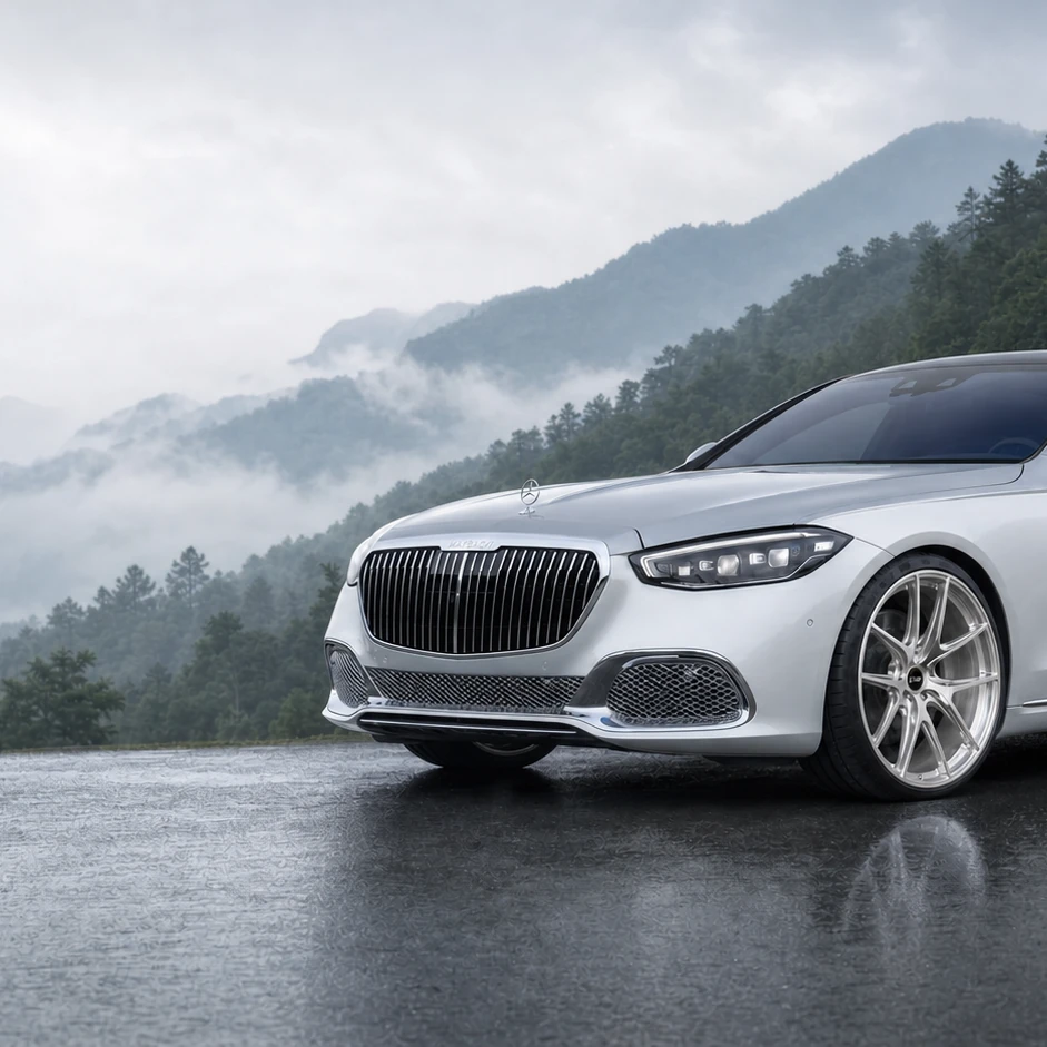 A white Mercedes-Maybach S-Class equipped with LSW LS8012 silver forged wheels is parked in front of the Yunwu Mountain Forest