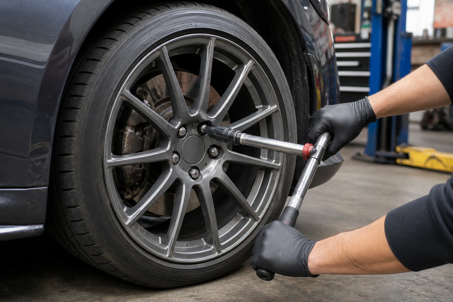 The technician uses a torque tool to recheck the single fastening bolt of the five-hole forged wheel.