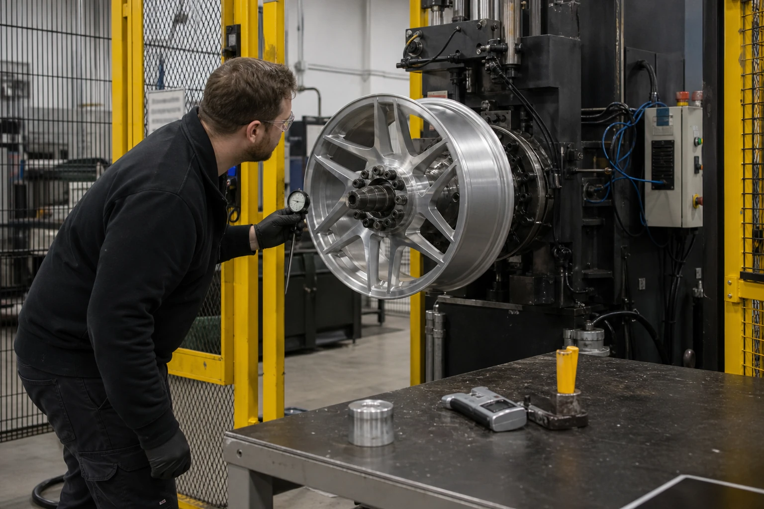 Quality engineer inspects forged wheels and measuring instruments in front of wheel testing equipment