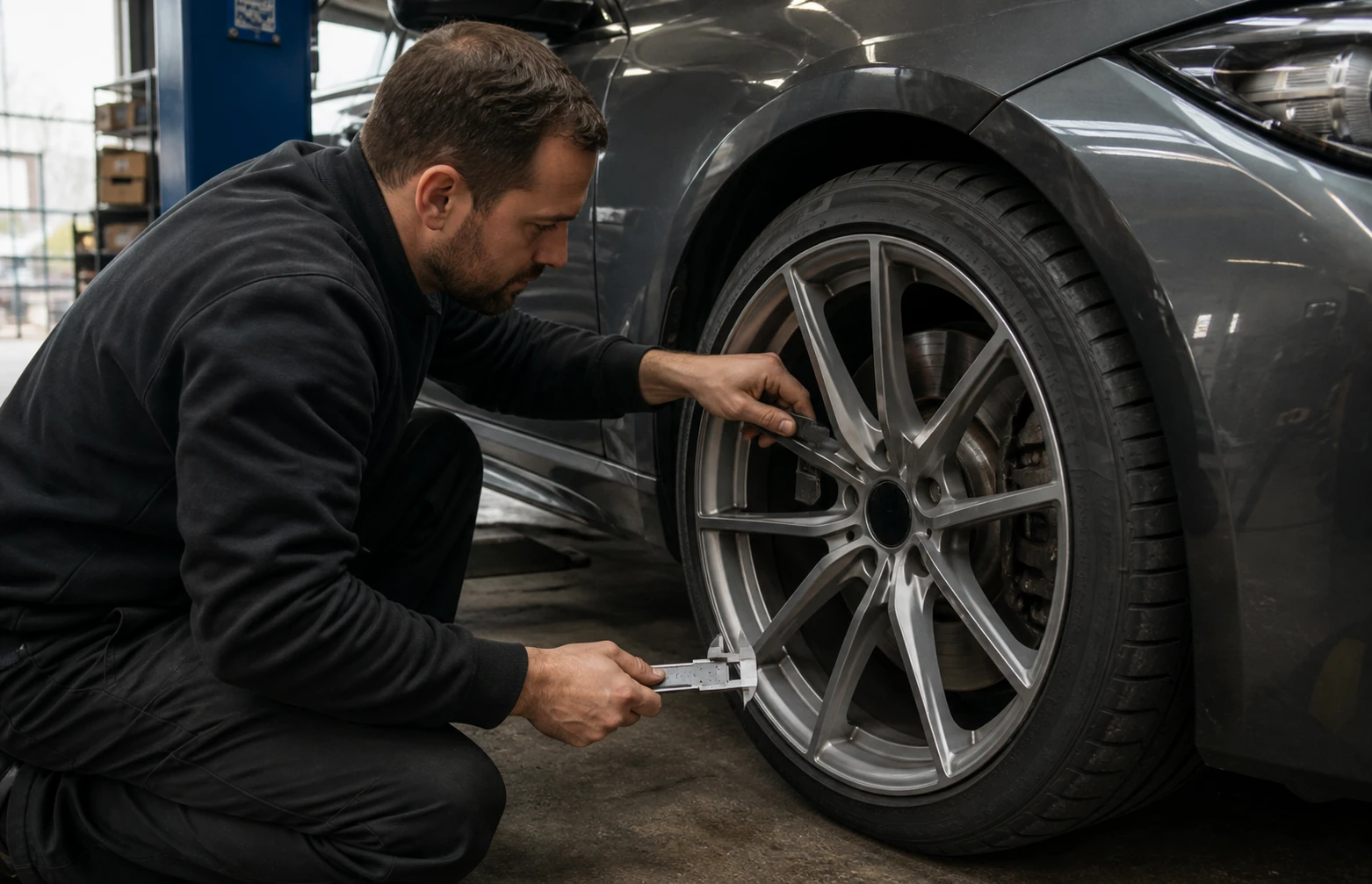 The technician checks the fitting gap between the forged wheel and the vehicle braking system at the real maintenance station