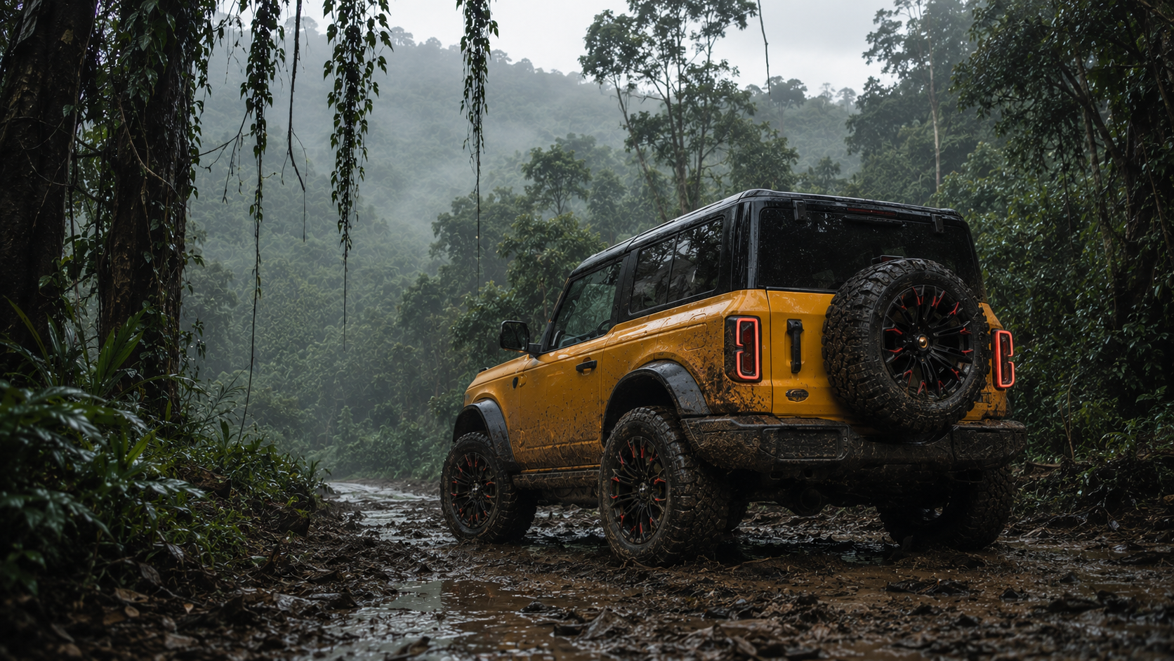 LSW yellow hardcore off-road SUV rainforest mud forged wheels loading effect
