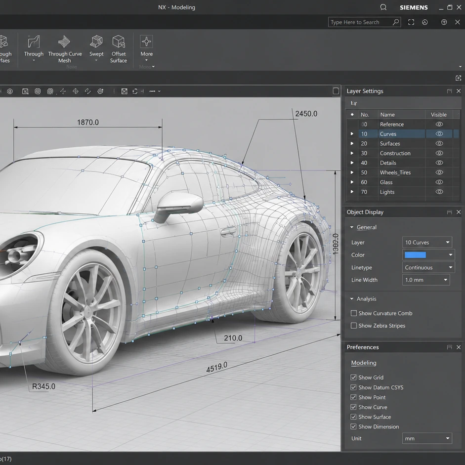 LSW forged wheel vehicle parametric engineering, vehicle size and wheel arch adaptation modeling in Siemens NX