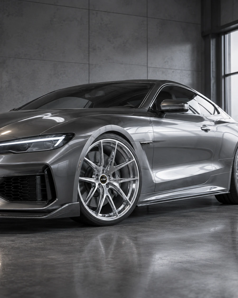 The final effect of the gray coupe studio after completing the assembly of LSW forged wheels