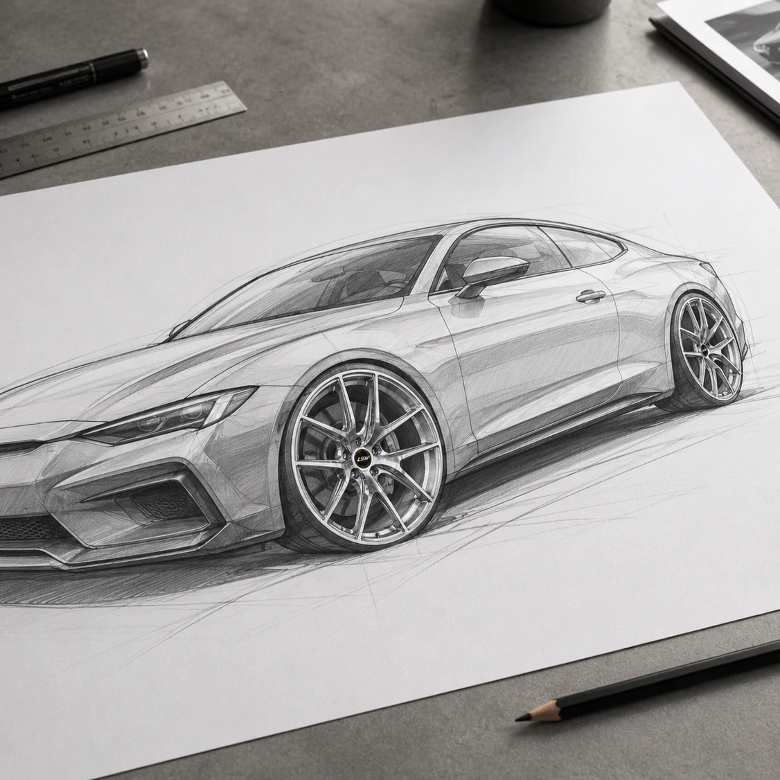 Hand-drawn concept sketch of LSW model-specific forged wheels and coupe body proportions